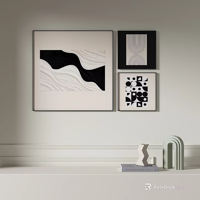 Abstract Paintings On Wall With Geometric Patterns And Black White Framed Design 3d model 