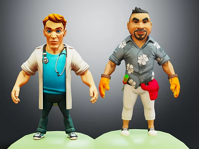Cartoon Doctor In White Coat With Stethoscope And Chef In Floral Shirt With Yellow Gloves 3d model