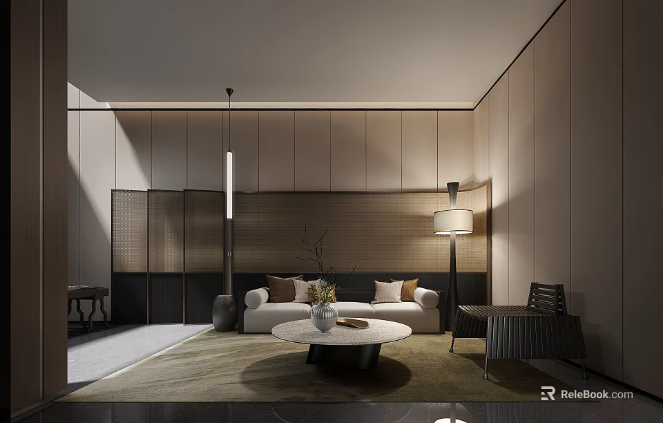 Modern Office Interior With Sofa Coffee Table Floor Lamp And Neutral Tones 3d model 