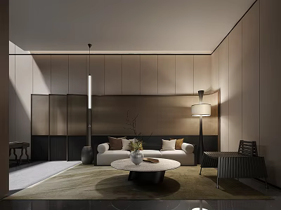 Modern Office Interior With Sofa Coffee Table Floor Lamp And Neutral Tones 3d model