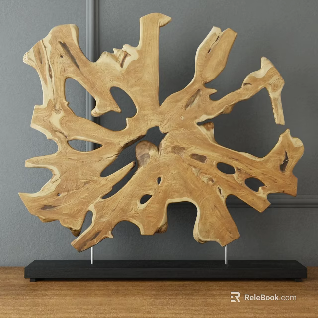 Natural Wooden Decorative Ornament with Hollow Texture and Black Base for Home Decor 3d model 