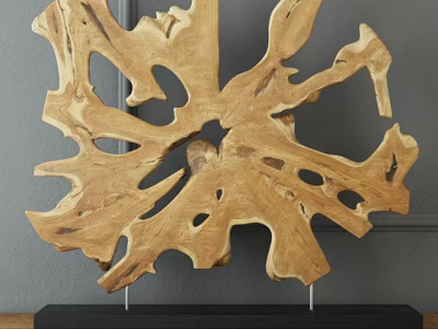 Natural Wooden Decorative Ornament with Hollow Texture and Black Base for Home Decor 3d model