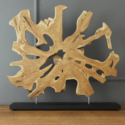 Natural Wooden Decorative Ornament with Hollow Texture and Black Base for Home Decor 3d model