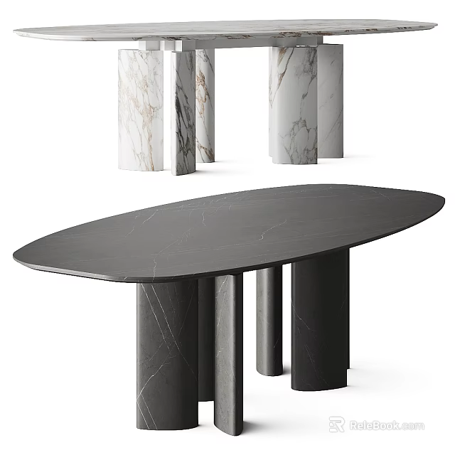 Modern Black Polished Marble Oval Dining Table With Cylindrical Legs 3d model 