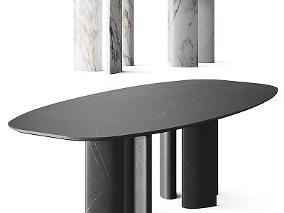 Modern Black Polished Marble Oval Dining Table With Cylindrical Legs 3d model