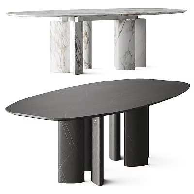 Modern Black Polished Marble Oval Dining Table With Cylindrical Legs 3d model