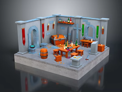 Cartoon Medieval Workshop Interior With Hanging Banners Wooden Workbench Barrels And Chests 3d model