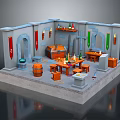 Cartoon Medieval Workshop Interior With Hanging Banners Wooden Workbench Barrels And Chests