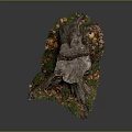 Natural Wood Tree Stump Featuring Fallen Leaves And Green Grass On Gray Background