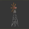 Vintage Wooden Windmill Structure With Metal Tower And Red Center Component