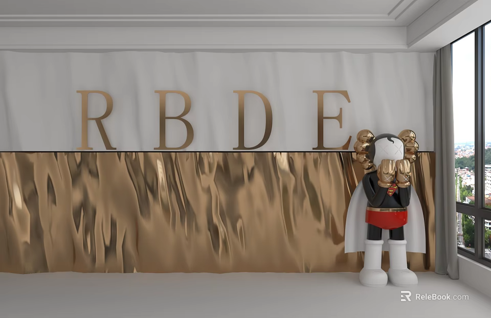 Elegant Decorative Background Wall With Golden RBDE Letters And Golden Wavy Texture Design 3d model 