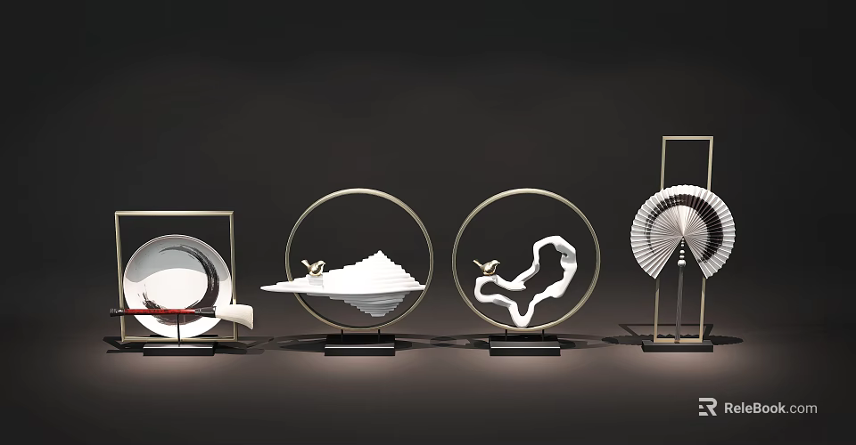 Modern Decorative Ornament Set With Metal Frame Circular Square Mountain Cloud Bird Patterns For Home Decor 3d model