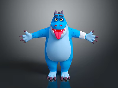 Cartoon Blue Game Movie Character With Purple Horns Open Arms Sticking Tongue And White Wrist Bandages 3d model
