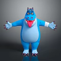 Cartoon Blue Game Movie Character With Purple Horns Open Arms Sticking Tongue And White Wrist Bandages