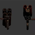 Two Red Mechanical Devices with Pipes Wheels and Industrial Structure