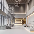 Modern Hotel Lobby Interior With Chandelier Green Plants And Wooden Panels