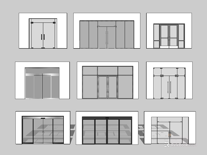 Various Door Design Sketches Featuring Different Panel And Glass Styles 3d model