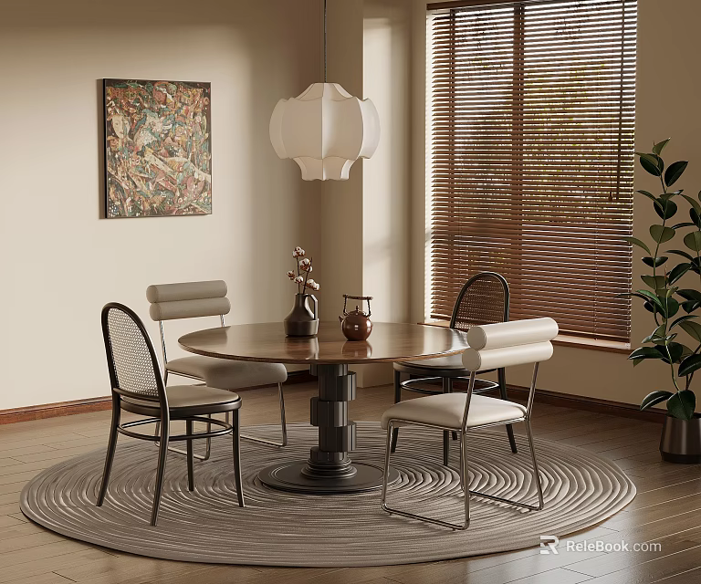 Round Dining Table Set With White Lantern Pendant Light Artwork Wooden Blinds And Potted Plant 3d model 