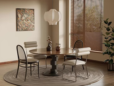 Round Dining Table Set With White Lantern Pendant Light Artwork Wooden Blinds And Potted Plant 3d model