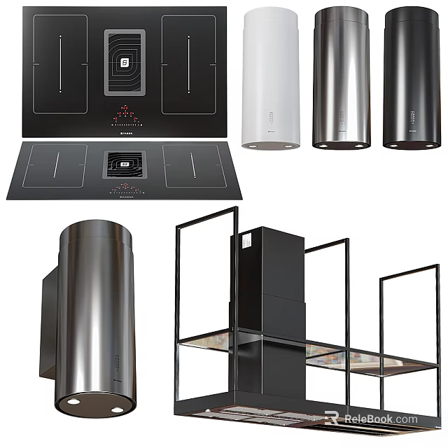 Modern Kitchen Fixtures Featuring Black Stove Tops White Stainless Steel Range Hoods and Storage Racks 3d model 