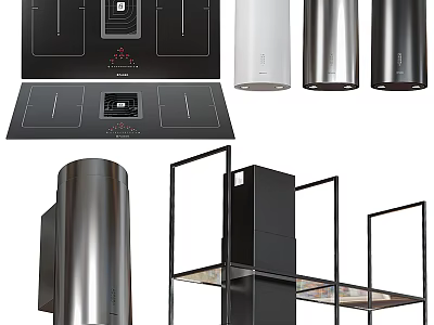 Modern Kitchen Fixtures Featuring Black Stove Tops White Stainless Steel Range Hoods and Storage Racks 3d model
