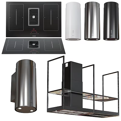Modern Kitchen Fixtures Featuring Black Stove Tops White Stainless Steel Range Hoods and Storage Racks 3d model