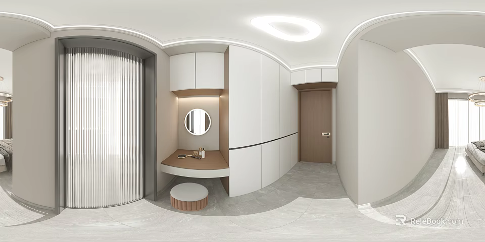 Modern Interior With Ceiling Light Panel White Cabinets Round Mirror And Small Wooden Table 3d model 