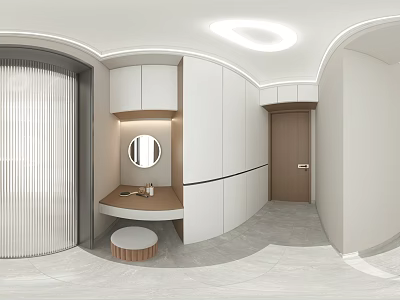 Modern Interior With Ceiling Light Panel White Cabinets Round Mirror And Small Wooden Table 3d model