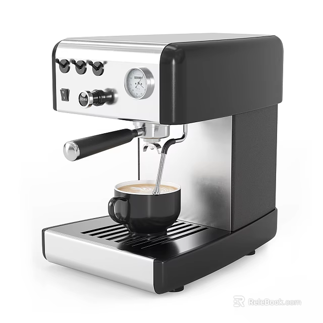 Sleek Black And Silver Kitchen Coffee Machine With Control Panel Brewing Coffee Into Black Cup 3d model