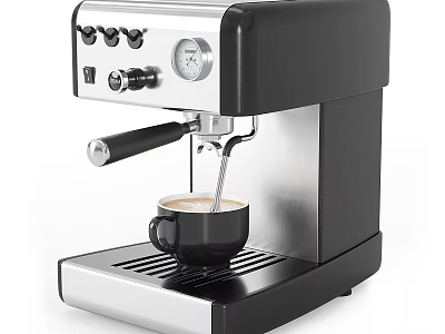Sleek Black And Silver Kitchen Coffee Machine With Control Panel Brewing Coffee Into Black Cup 3d model