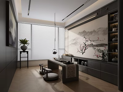 Modern Tea Room Interior With Landscape Painting Dark Cabinets And Greenery 3d model