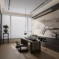 Modern Tea Room Interior With Landscape Painting Dark Cabinets And Greenery