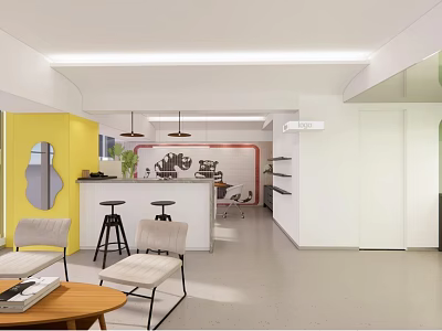 Bright Specialty Store Interior With Yellow Wall Bar Counter Bar Stools Armchairs And Display Shelves 3d model