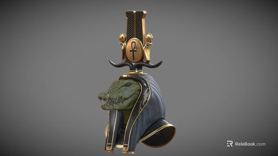Mythical Egyptian Game Movie Character With Crocodile Head Golden Headdress And Ankh Symbol 3d model 