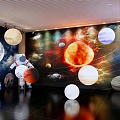 Space Exhibition Scene With Astronaut Planets Sun Rocket And Chinese Flag