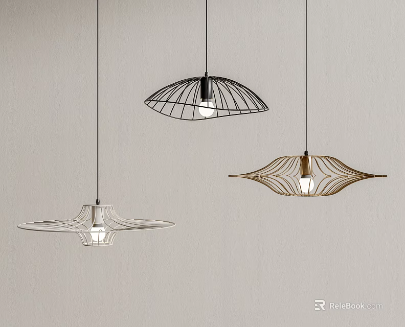 Three Modern Unique Design Pendant Lights Hanging On Light Colored Wall Interior 3d model 