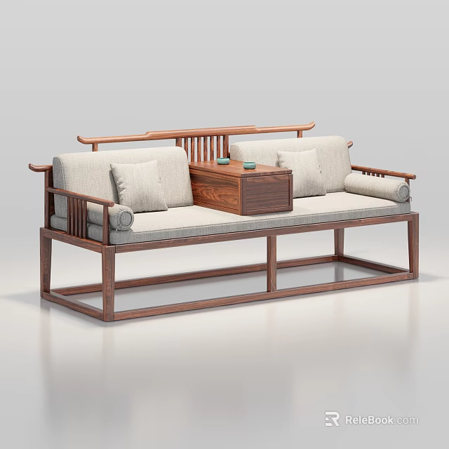 Traditional Chinese Daybed With Wooden Frame Linen Cushions And Curved Armrests 3d model 
