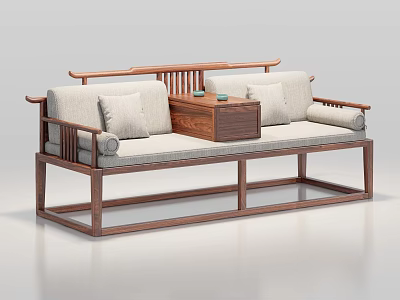 Traditional Chinese Daybed With Wooden Frame Linen Cushions And Curved Armrests 3d model