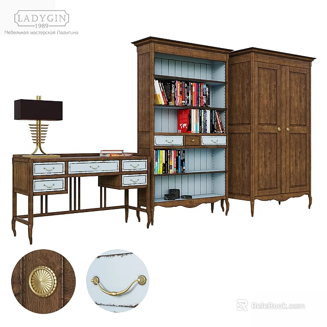 Wooden Furniture Collection Featuring Bookshelf Wardrobe Desk And Table Lamp Details 3d model 