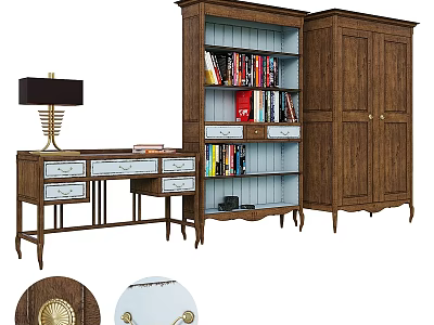 Wooden Furniture Collection Featuring Bookshelf Wardrobe Desk And Table Lamp Details 3d model