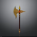 Mythical Ornate Battle Axe Featuring Golden Blade Red Handle And Decorative Details