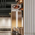 Modern Restaurant Interior With Wooden Slat Partitions Pendant Lights And Reflective Flooring