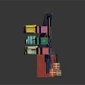 Vibrant Gift Display Cabinet With Blue Drapes And Stacked Colorful Gift Boxes