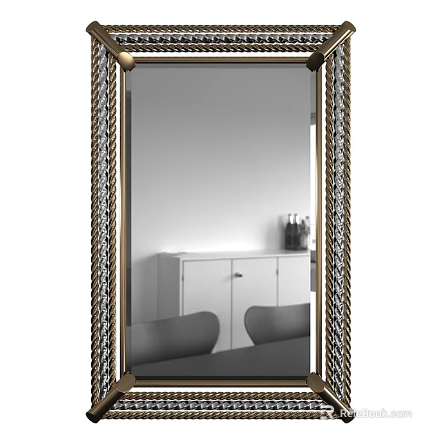Ornate Mirror With Decorative Frame Reflecting White Cabinet Vase And Chairs 3d model 