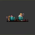 Delicious Hot Drinks in Turquoise Mugs with Marshmallows Candy and Cinnamon Sticks on Wooden Tray