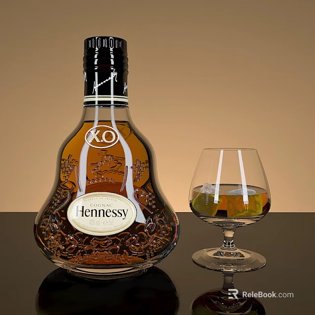 Hennessy XO Brandy Bottle and Glass with Amber Liquid on Black Surface 3d model 