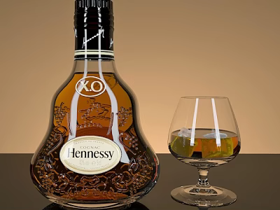 Hennessy XO Brandy Bottle and Glass with Amber Liquid on Black Surface 3d model
