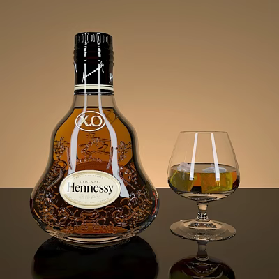 Hennessy XO Brandy Bottle and Glass with Amber Liquid on Black Surface 3d model Hennessy XO Brandy Bottle and Glass with Amber Liquid on Black Surface 3d model