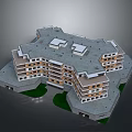 Multistory Residential Building With Complex Roof Design And Green Areas Around