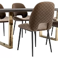 Dark Wood Dining Table Set With Diamond Tufted Brown Chairs And Gold Metal Legs